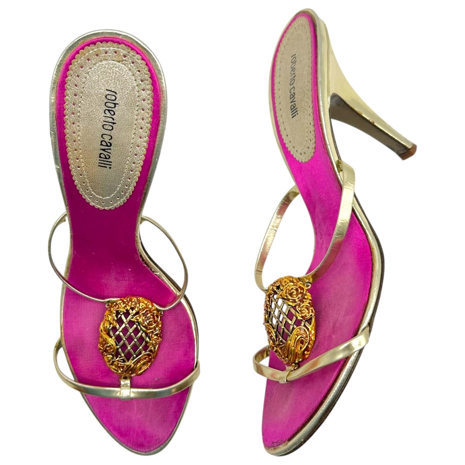 Roberto Cavalli Strappy Heeled Sandals Gold Pink Rose