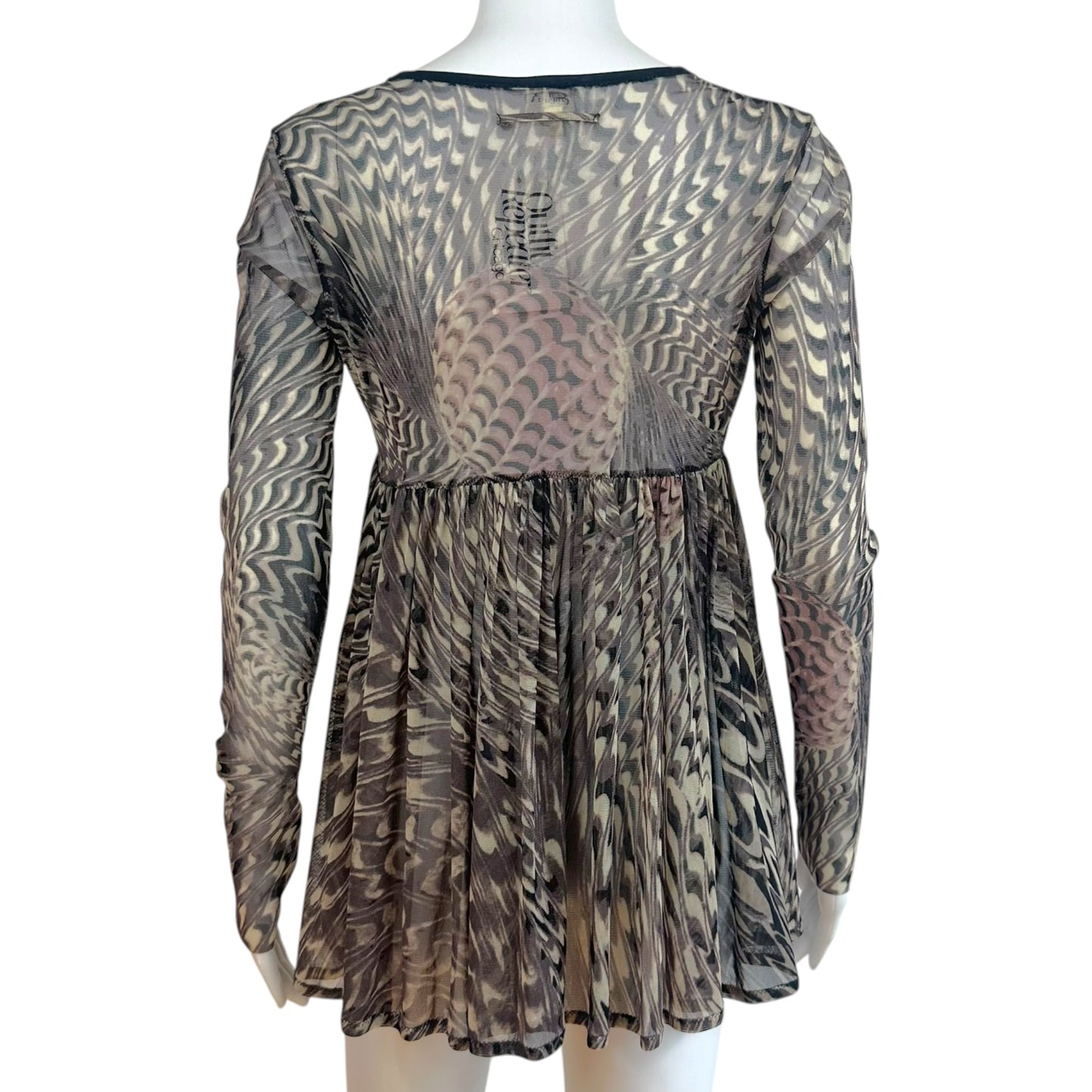 Jean Paul Gaultier Black & Gray Swirl Print Mesh Babydoll Cardigan Top