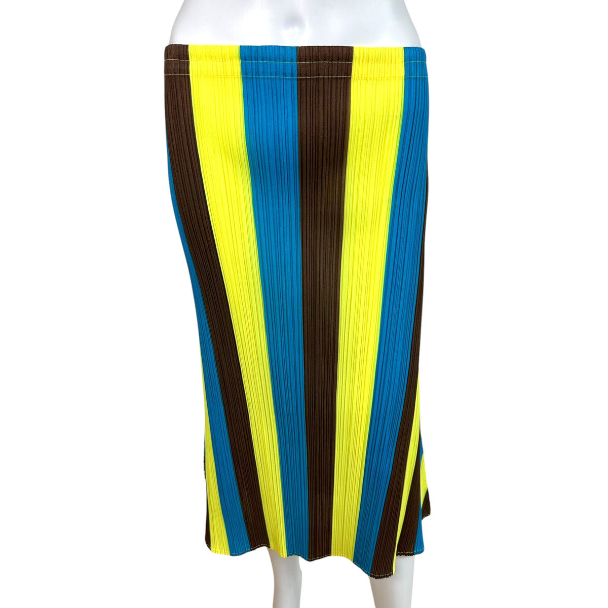 Issey Miyake Pleats Please Neon Yellow Striped Midi Skirt