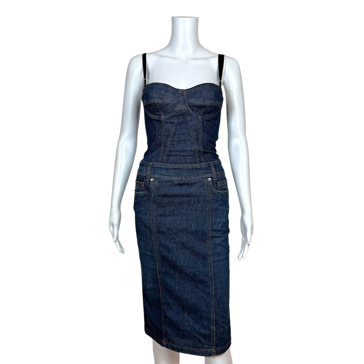 D&G Dolce & Gabbana Dark Wash Denim Bustier Midi Dress