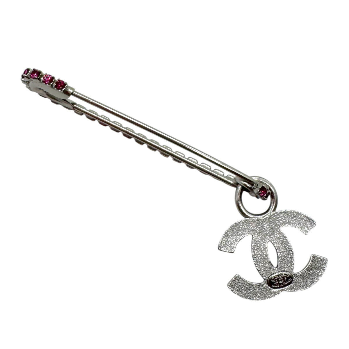 Chanel Silver Pink Crystal CC Logo Safety Pin Brooch