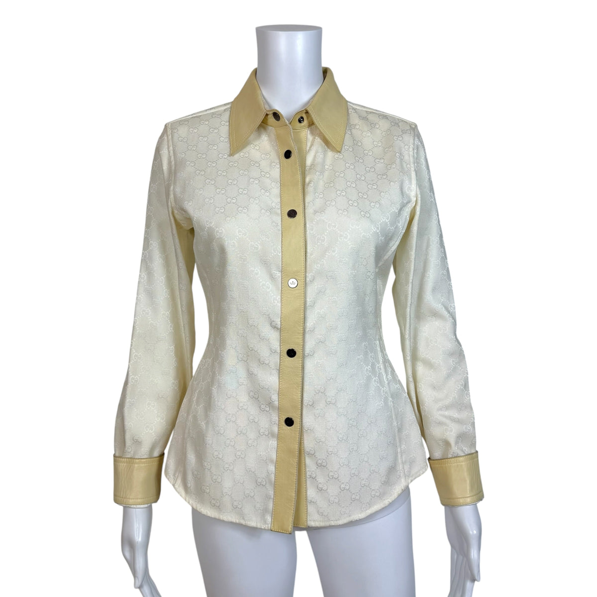Gucci by Tom Ford 2000 White Monogram & Beige Leather Button-Up Blouse
