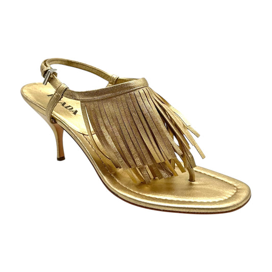 Prada Gold Fringe Kitten Heel Thong Sandals
