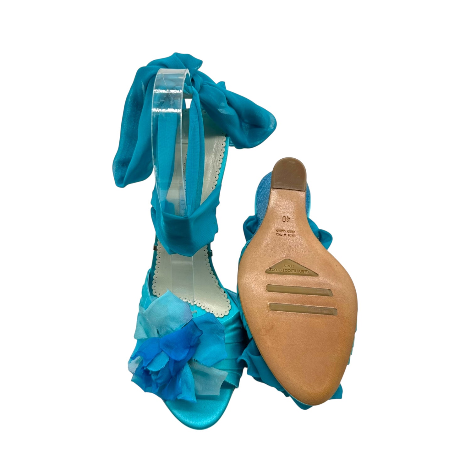 Gianmarco Lorenzi Blue Flower Embellished Wrap Wedge Heels