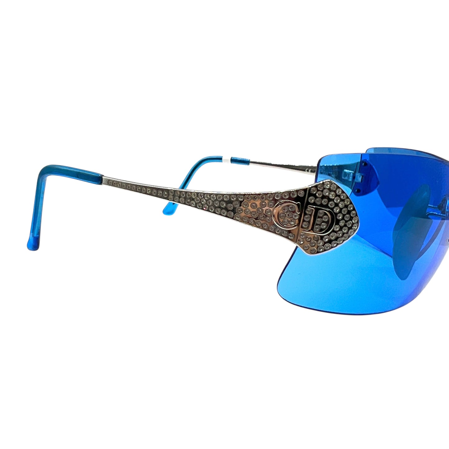 Christian Dior Bright Blue Crystal Embellished Rimless Shield Sunglasses w/ Case