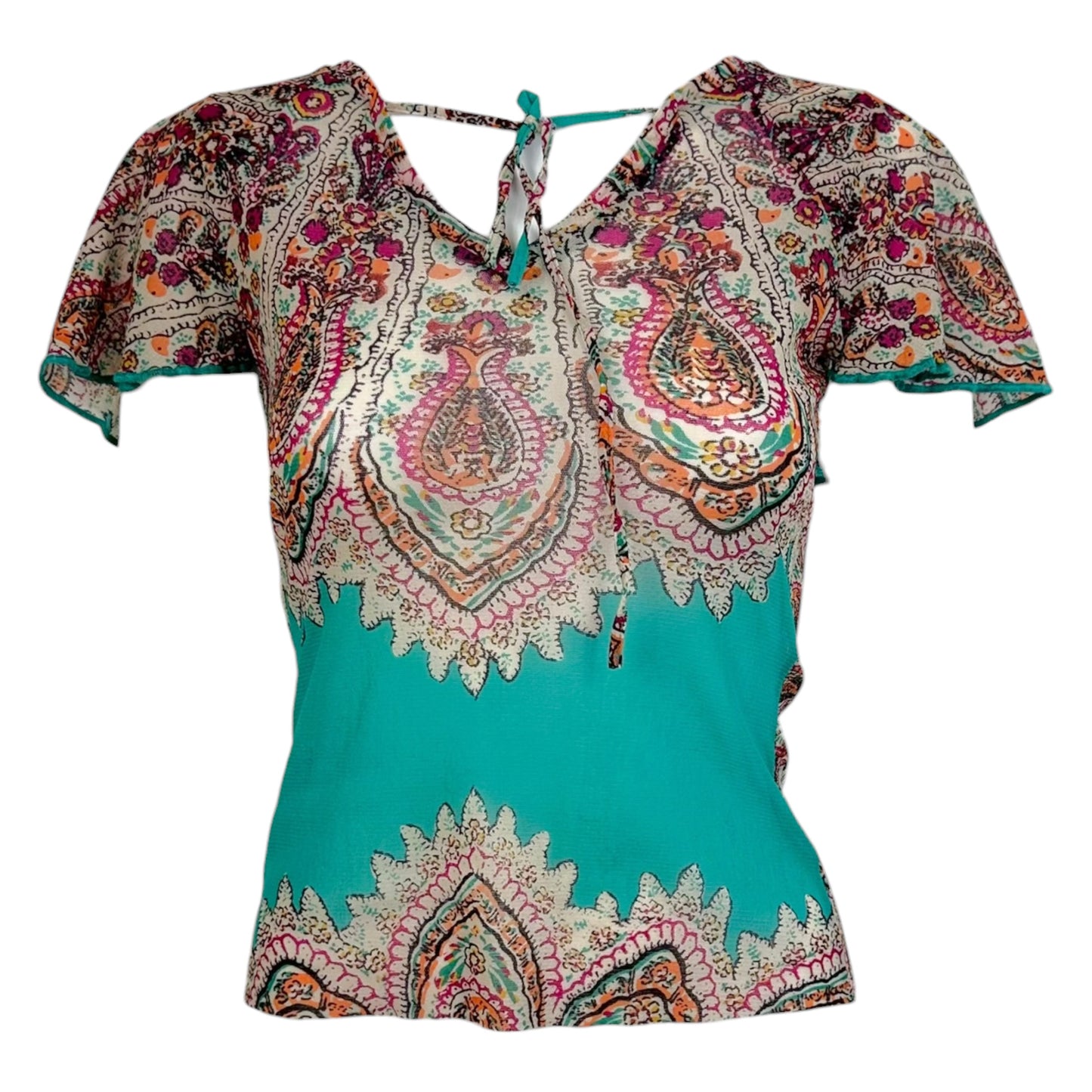 Jean Paul Gaultier Turquoise & Multicolor Paisley Mesh Ruffle Neckline Blouse