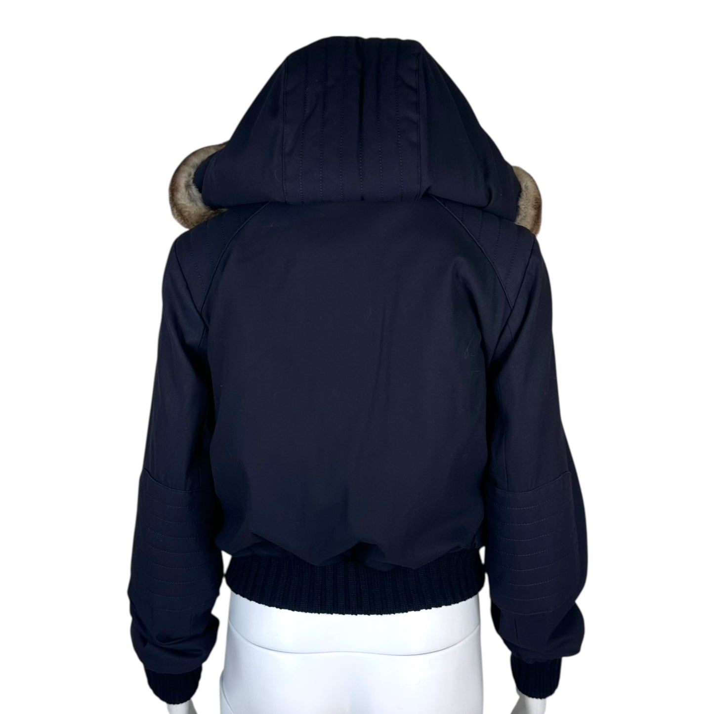 Celine Rabbit Fur Trim Hooded Navy Blue Bomber Jacket
