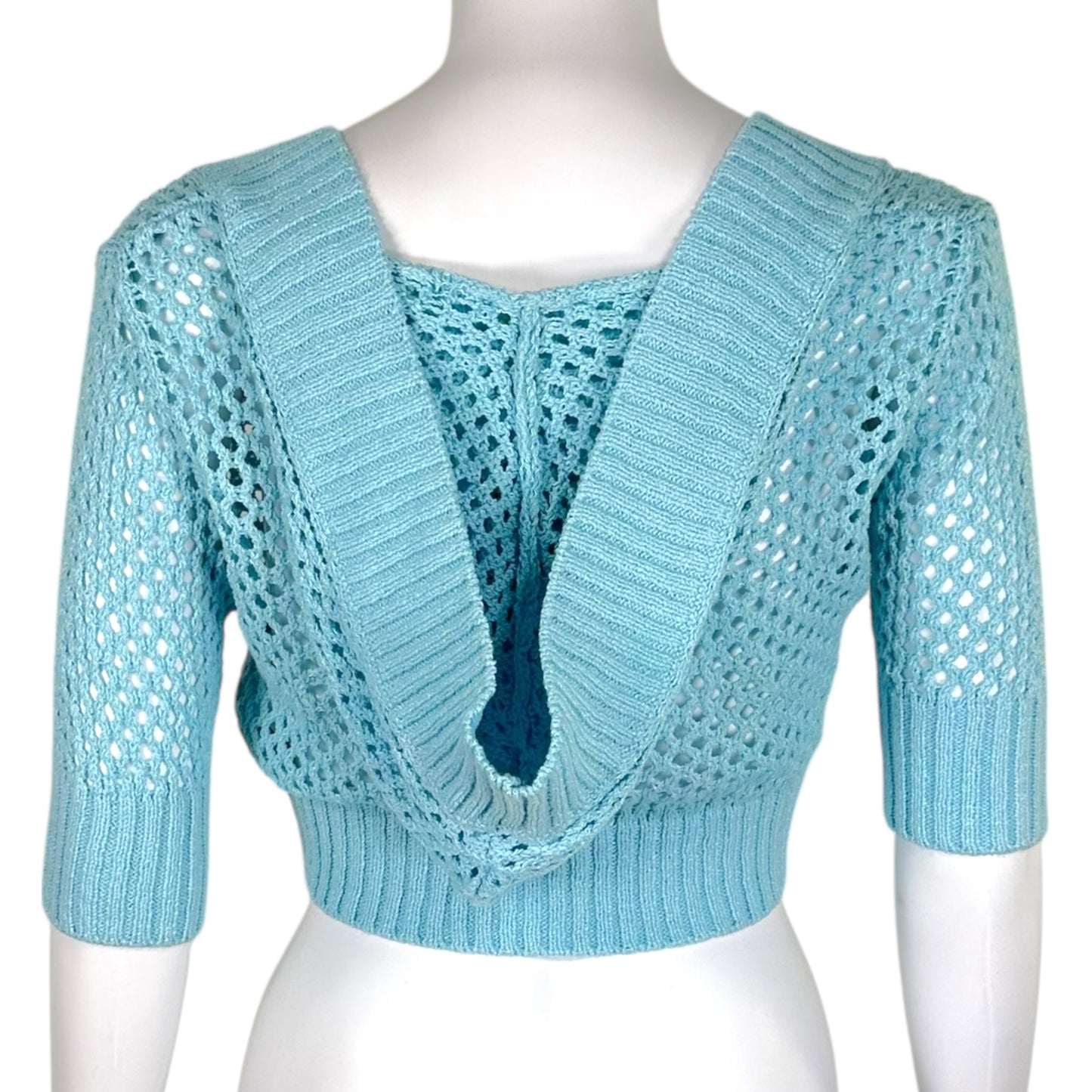 Courreges Teal Blue Open Knit Hooded 1/2 Sleeve Bolero