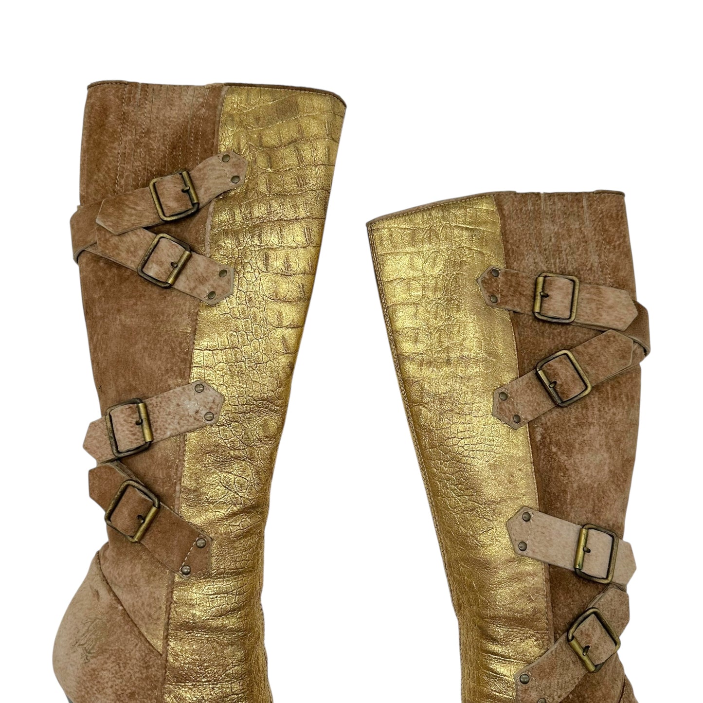 Roberto Cavalli Gold Leather Croc Embossed & Suede Heeled Boots - Outfit Repeater