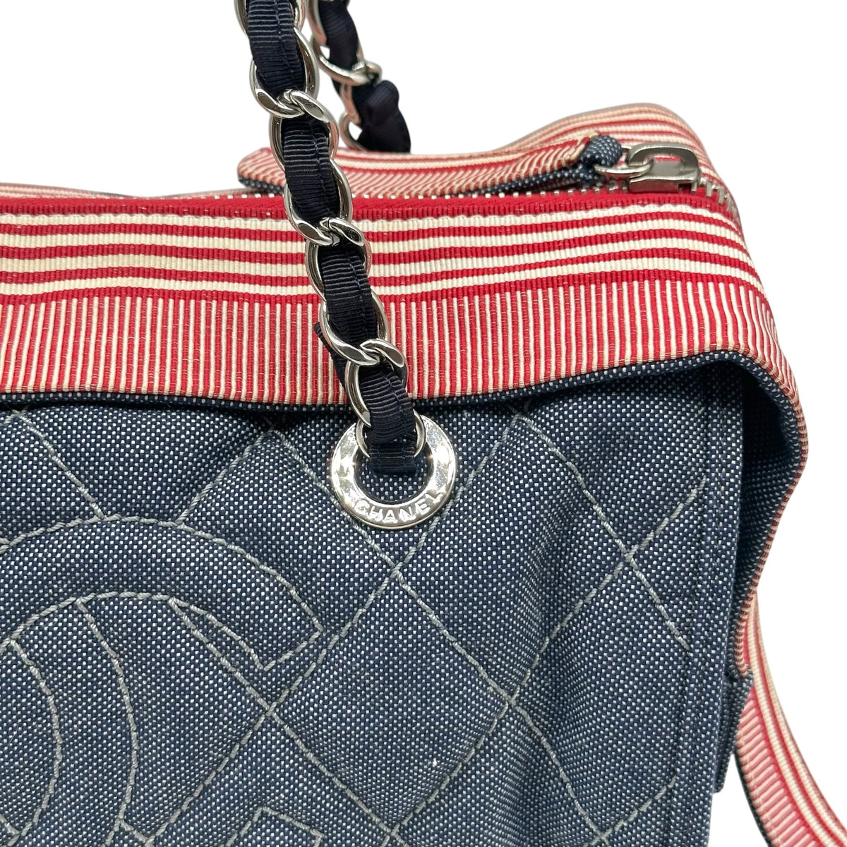 Chanel Blue Denim Red Striped Bowler Shoulder Bag