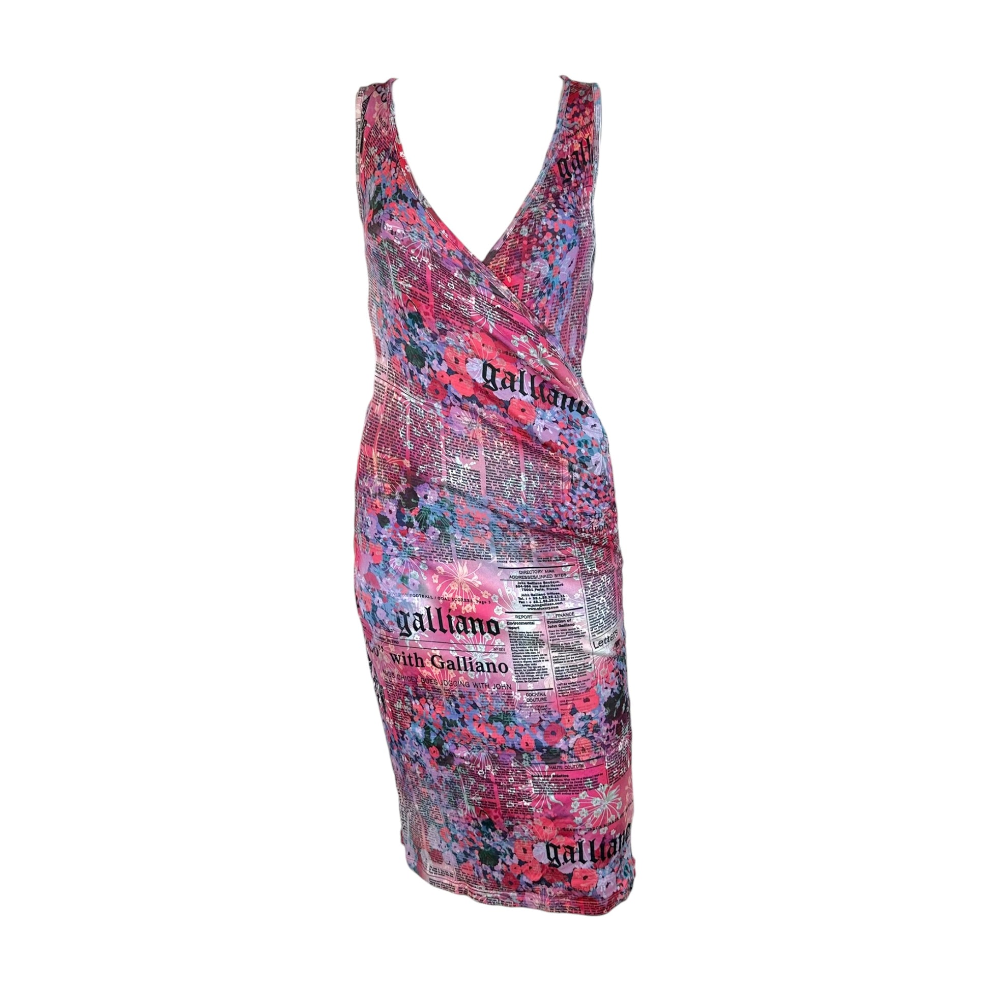 Galliano Cross Front Midi Dress Newsprint Floral Print