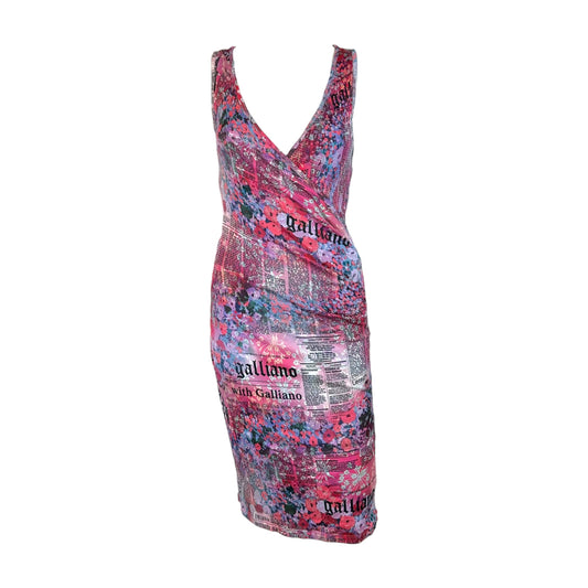Galliano Cross Front Midi Dress Newsprint Floral Print