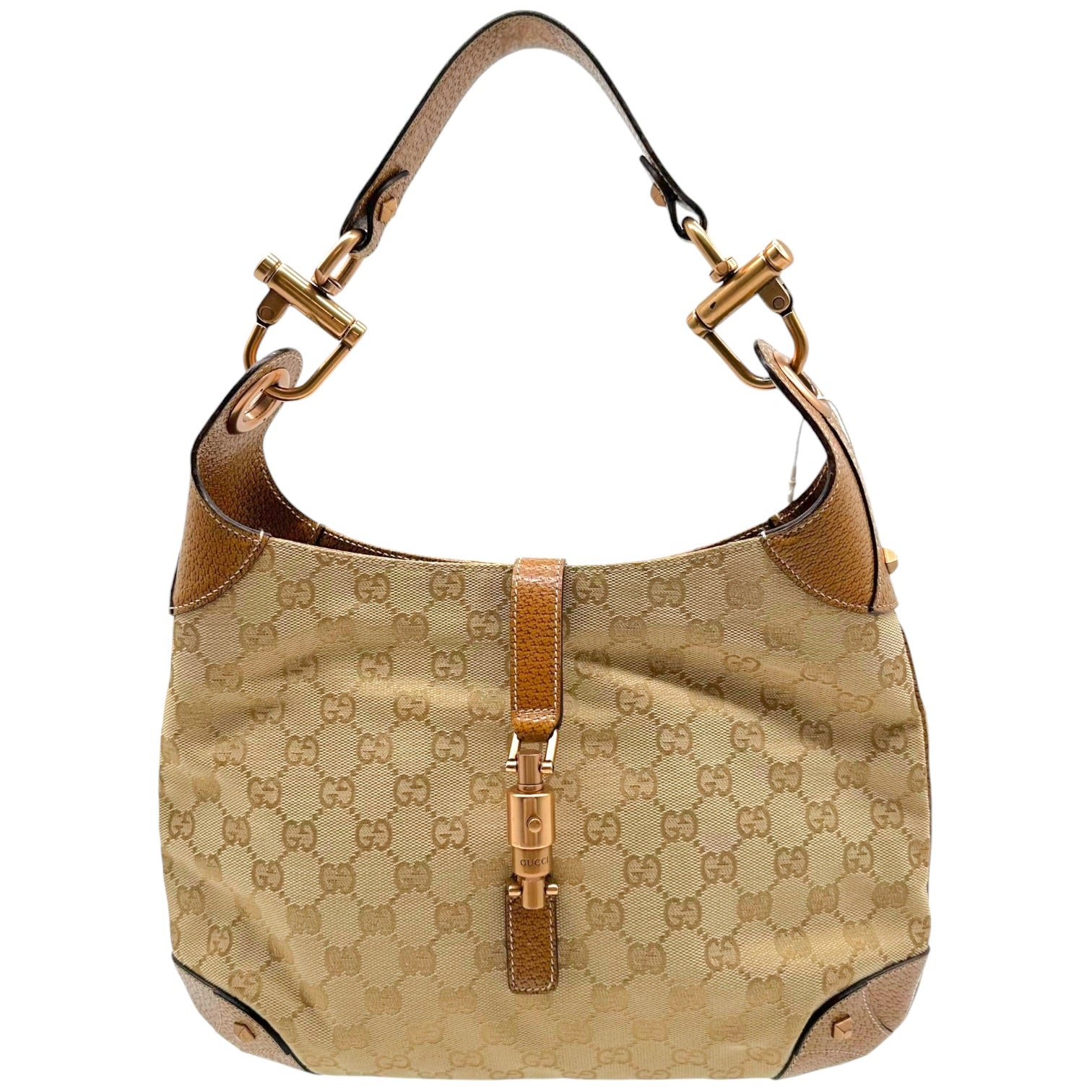 Gucci Shoulder Bag Beige Monogram Tan Leather Piston Lock