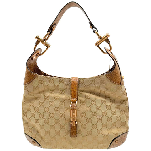 Gucci Shoulder Bag Beige Monogram Tan Leather Piston Lock