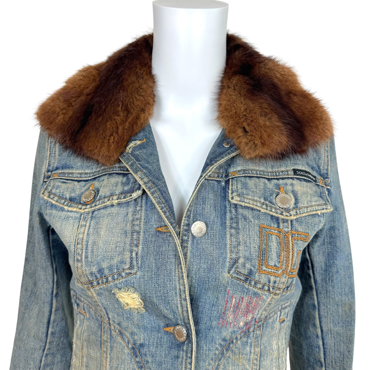 Dolce & Gabbana Denim Logo Embroidered Jacket w/ Mink Fur Collar