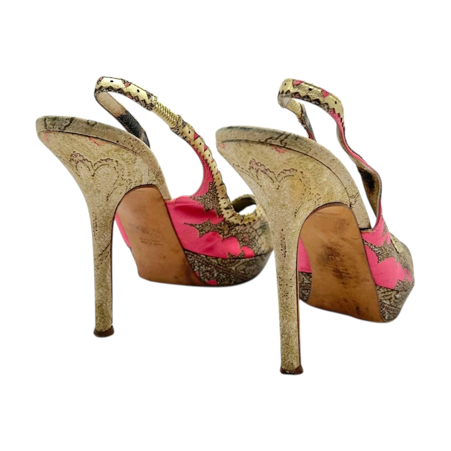 Roberto Cavalli Pink Metallic Paisley Silk Slingback Pumps