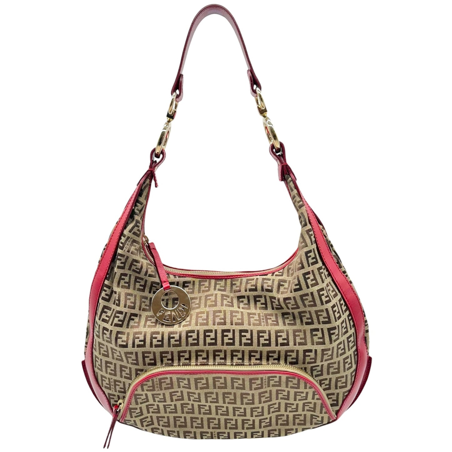 Fendi Tan Zucchino & Red Leather Crescent Hobo Shoulder Bag