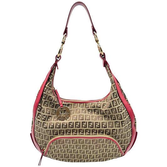 Fendi Tan Zucchino & Red Leather Crescent Hobo Shoulder Bag