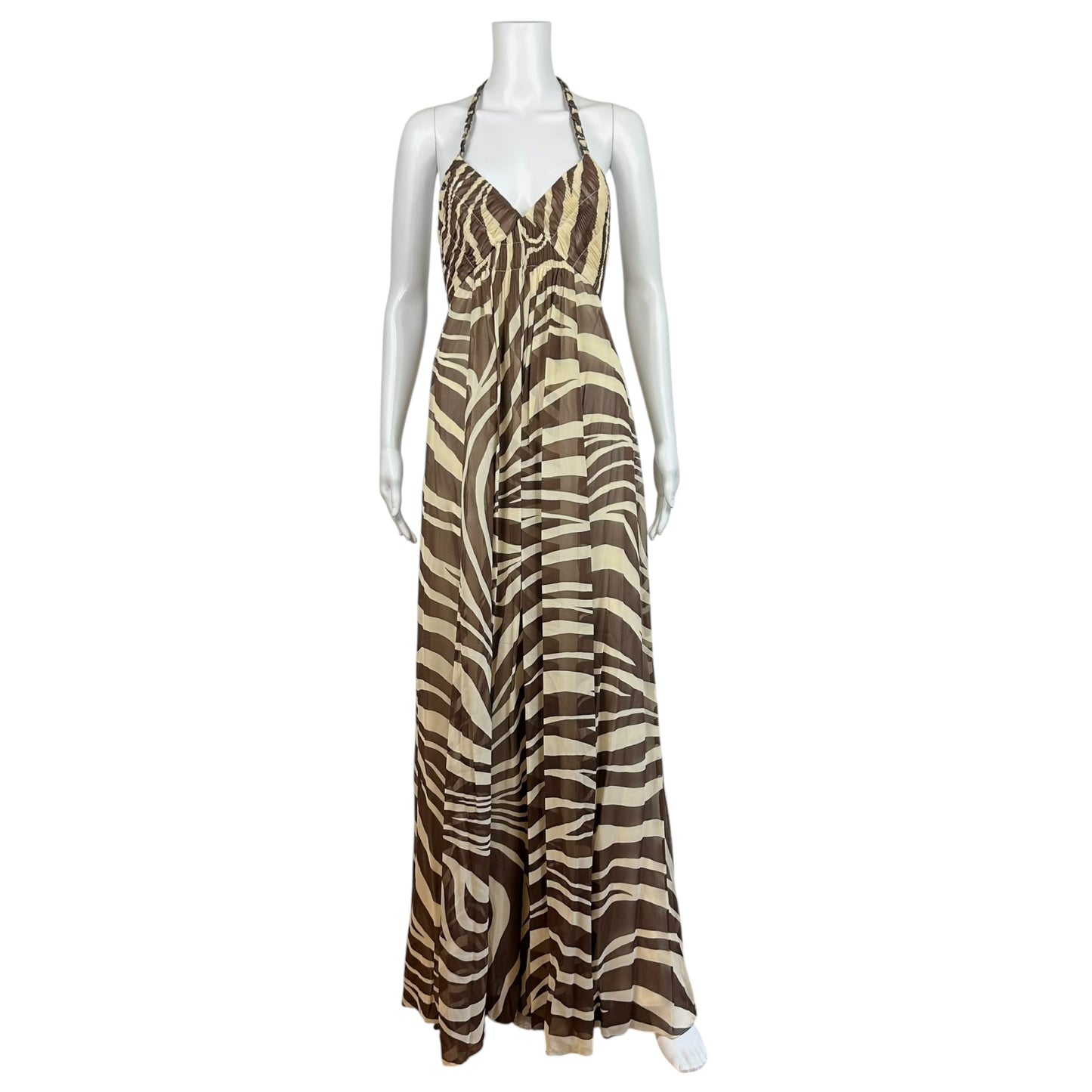 BCBGMaxAzria Brown & Ivory Zebra Print Silk Halter Maxi Dress