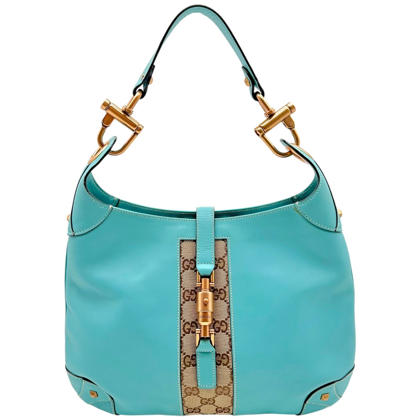 Gucci Turquoise Leather Monogram Piston Lock Shoulder Bag