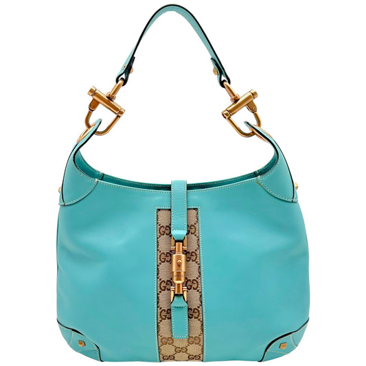 Gucci Turquoise Leather Monogram Piston Lock Shoulder Bag