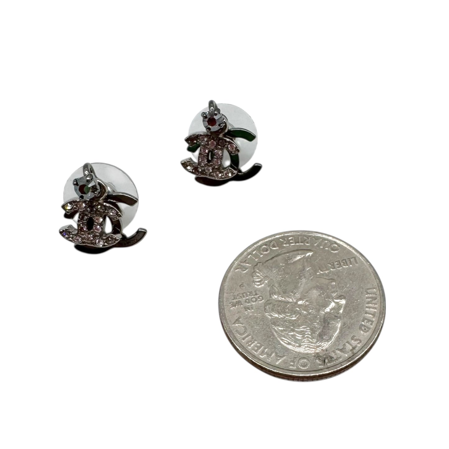 Chanel Gunmetal & Crystal Dangly Double Logo Stud Earrings