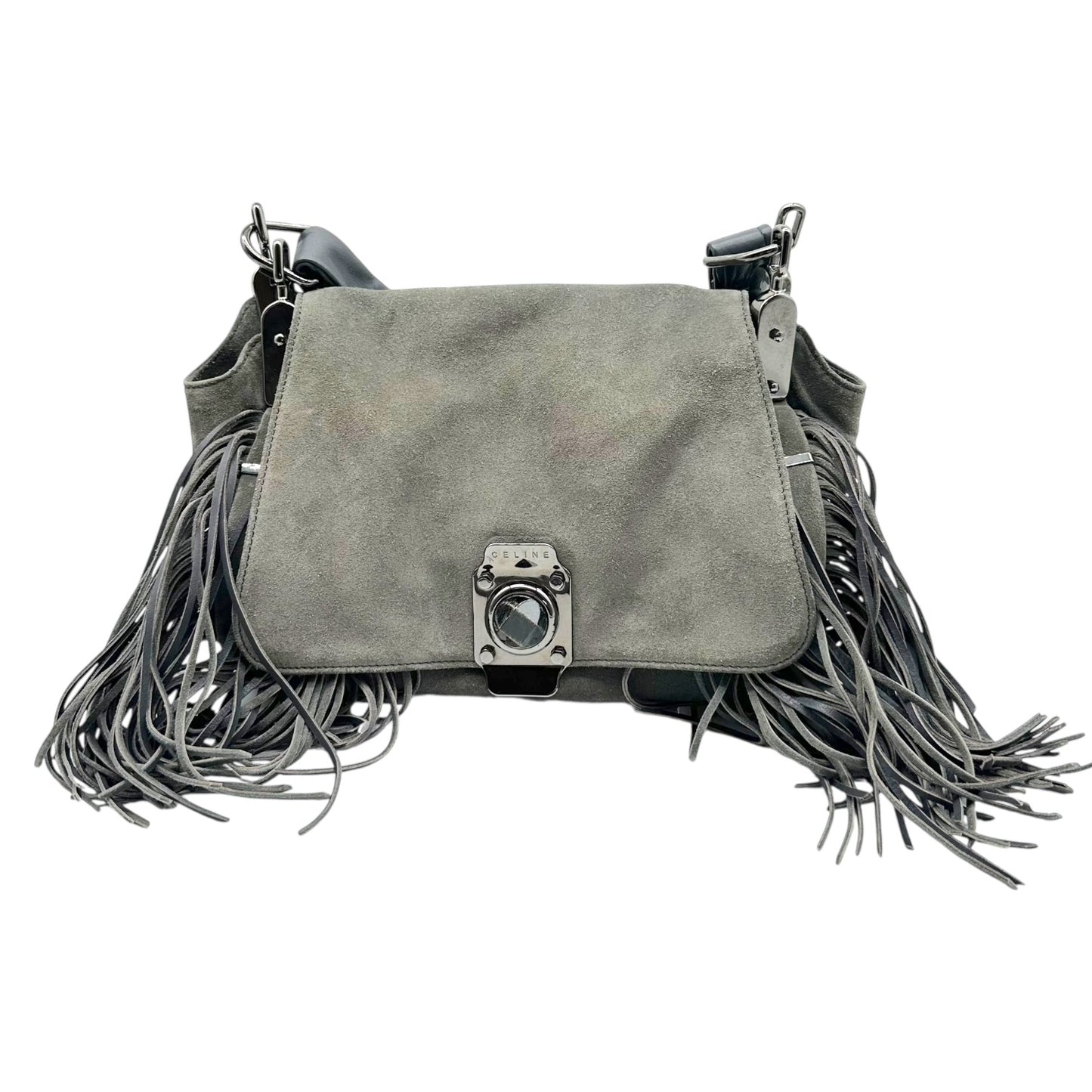 Celine Gray Suede Fringe Trim Crossbody Bag