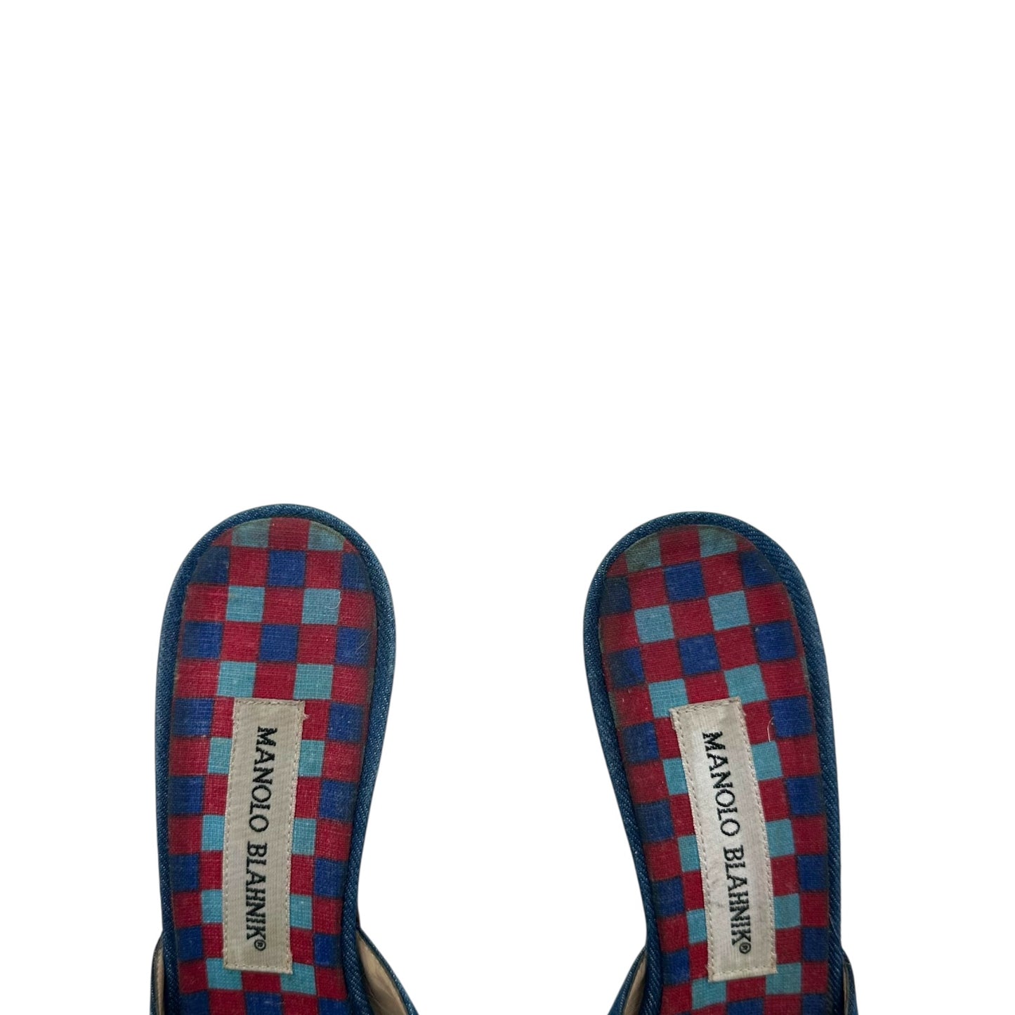 Manolo Blahnik Denim Bead Embellished Kitten Heels