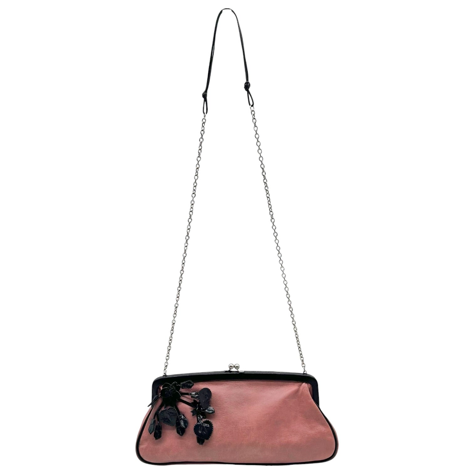 Prada Pink Black Floral Applique Clutch Bag