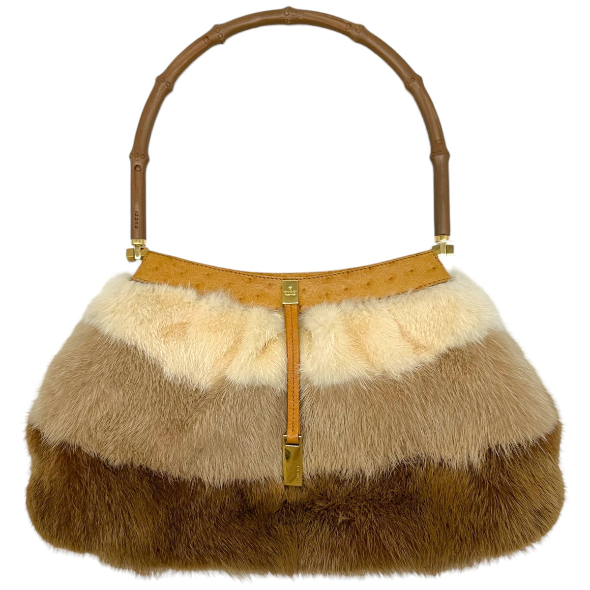 Gucci Shoulder Bag Tan Ostrich Mink Bamboo Handle