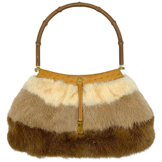 Gucci Shoulder Bag Tan Ostrich Mink Bamboo Handle