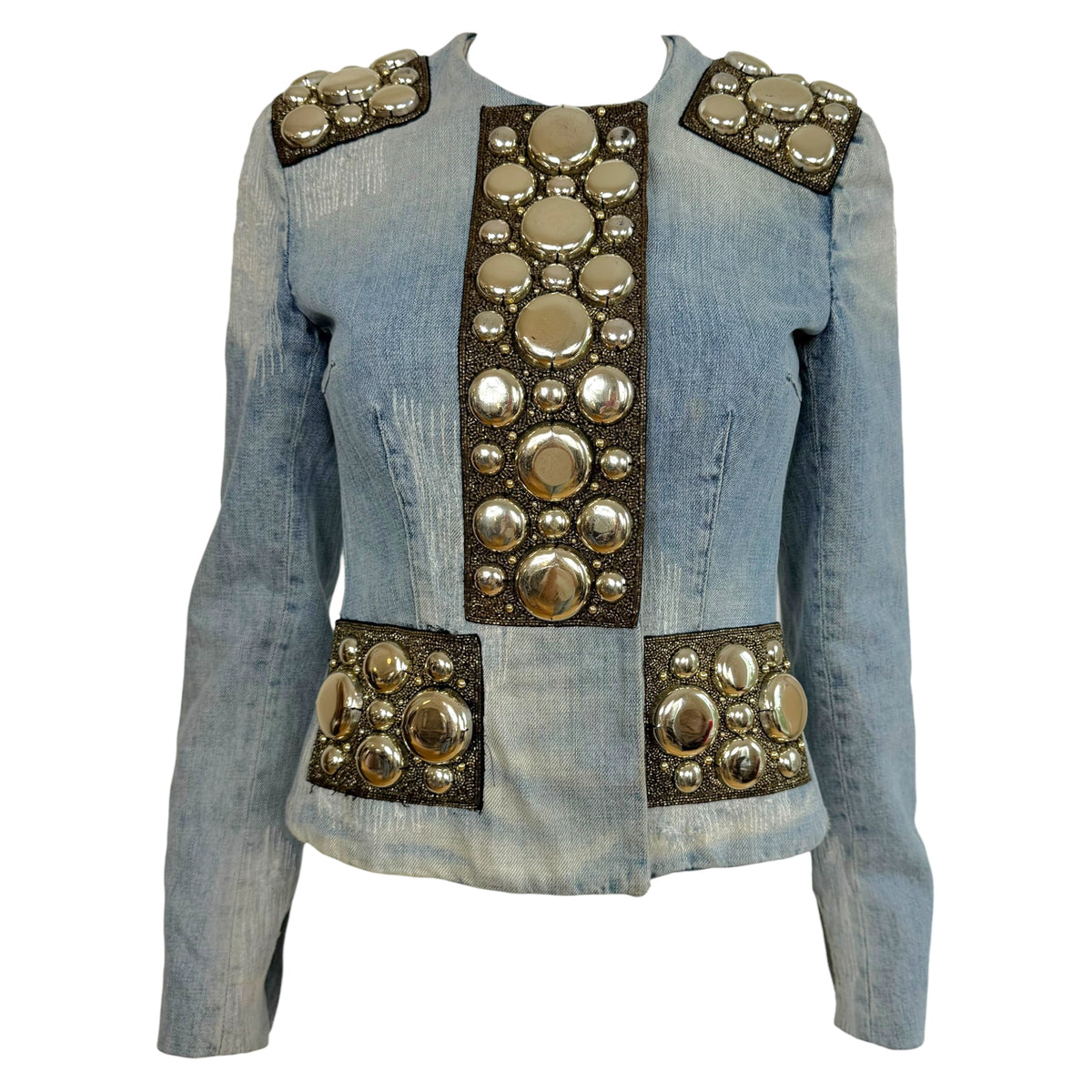 Dolce & Gabbana Silver Beaded Distressed Denim Jacket
