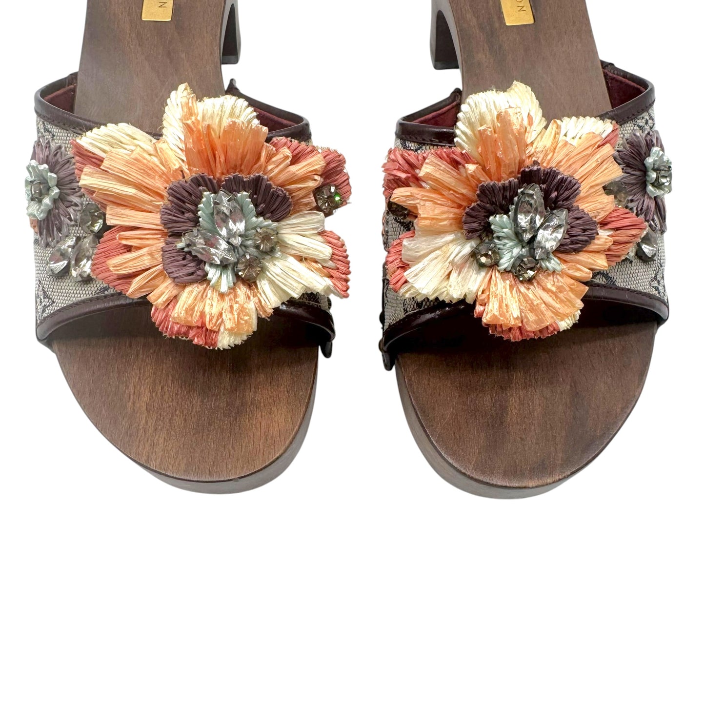 Louis Vuitton Lin Monogram & Sequin Raffia Flower Wooden Kitten Heel Mules