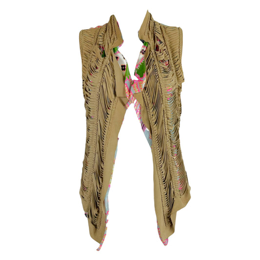 Roberto Cavalli Tan Suede Fringe & Printed Silk Vest