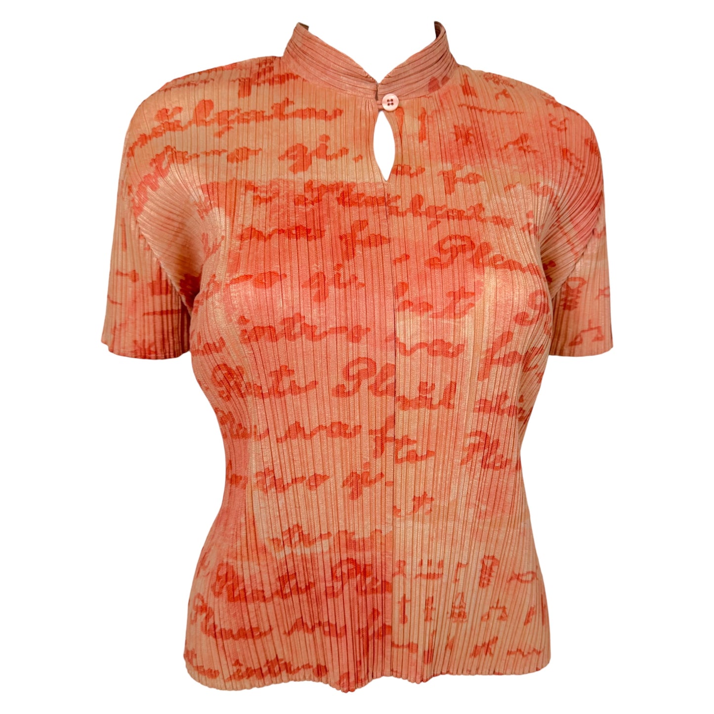 Issey Miyake Pleats Please Coral Pink Cursive Print Pleated Short Sleeve Top Sz 3
