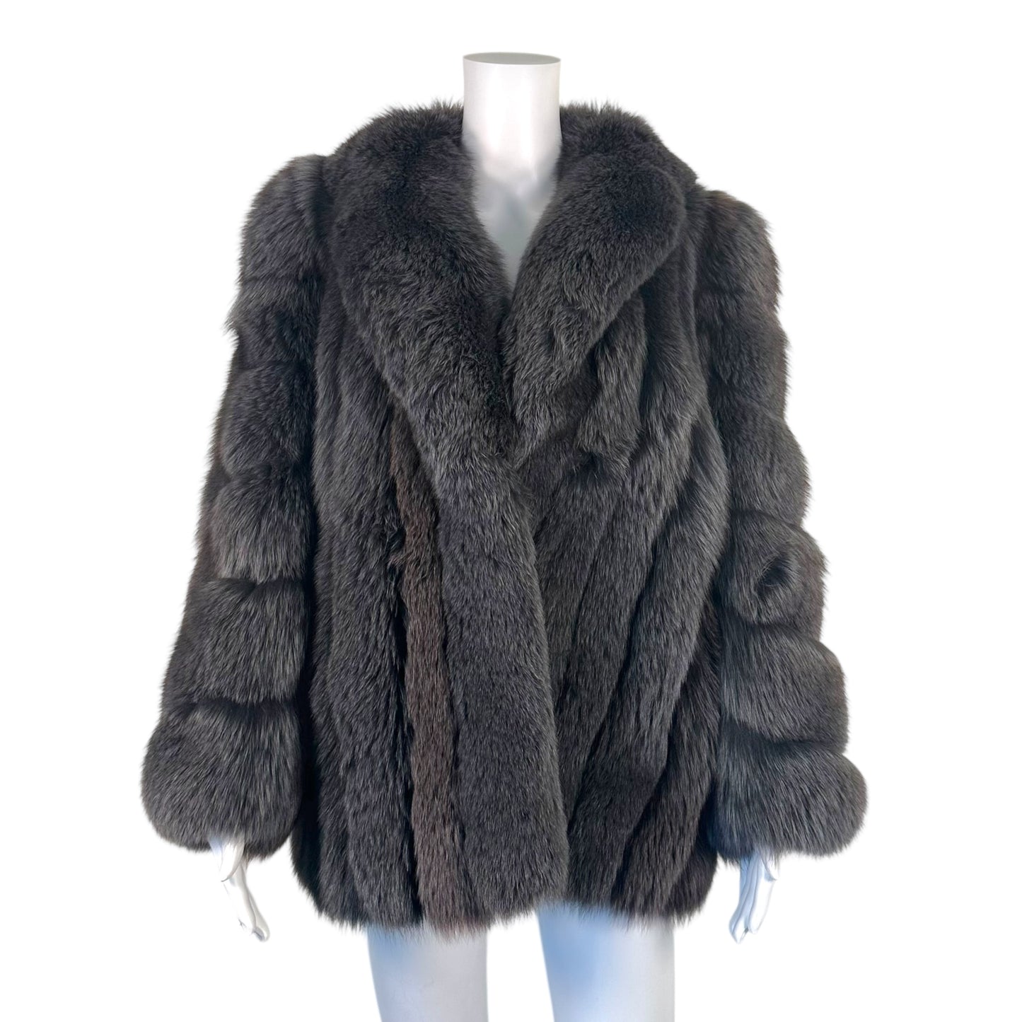 Saga Silver Fox Fur Coat Open Front Long Sleeve M