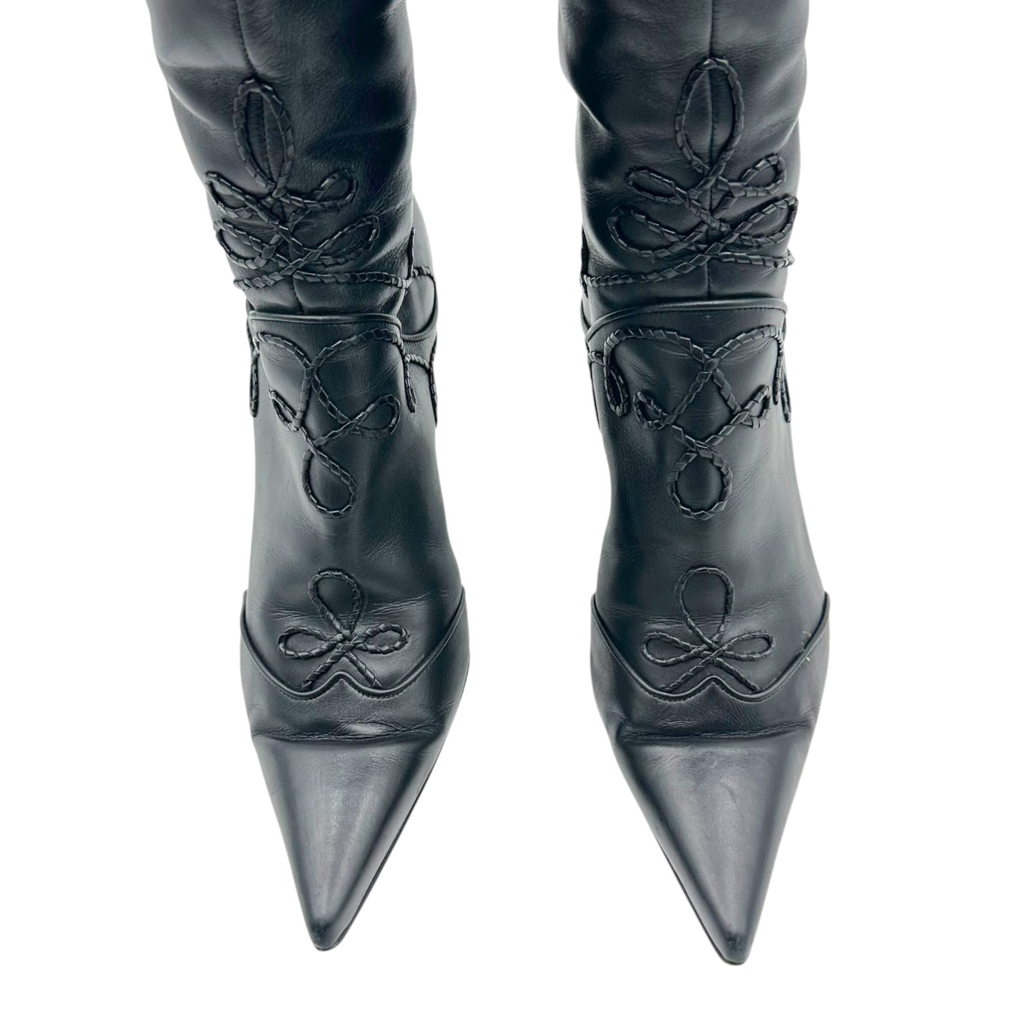 Sergio Rossi Black Braided Leather Embellished Heeled Boots