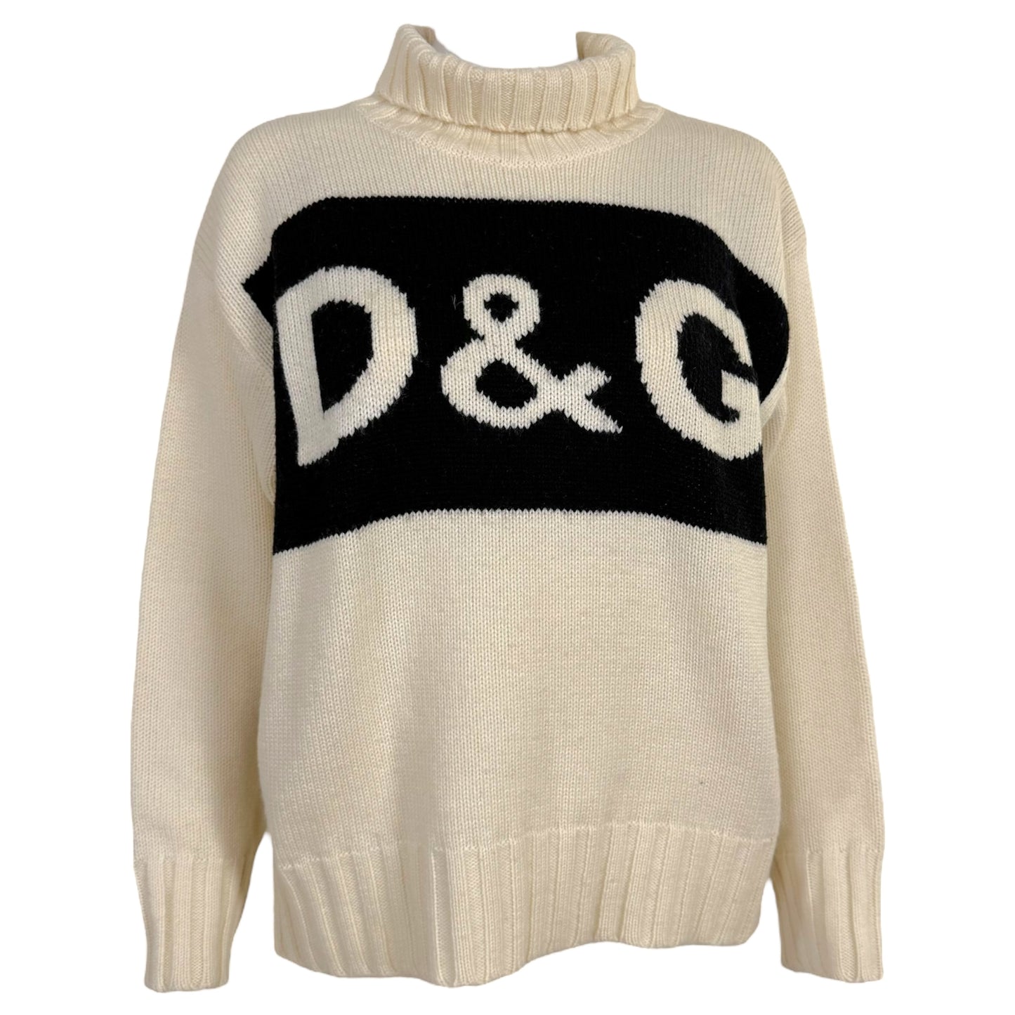D&G Dolce & Gabbana 90's Black & White Wool Knit Logo Turtleneck Sweater - Outfit Repeater