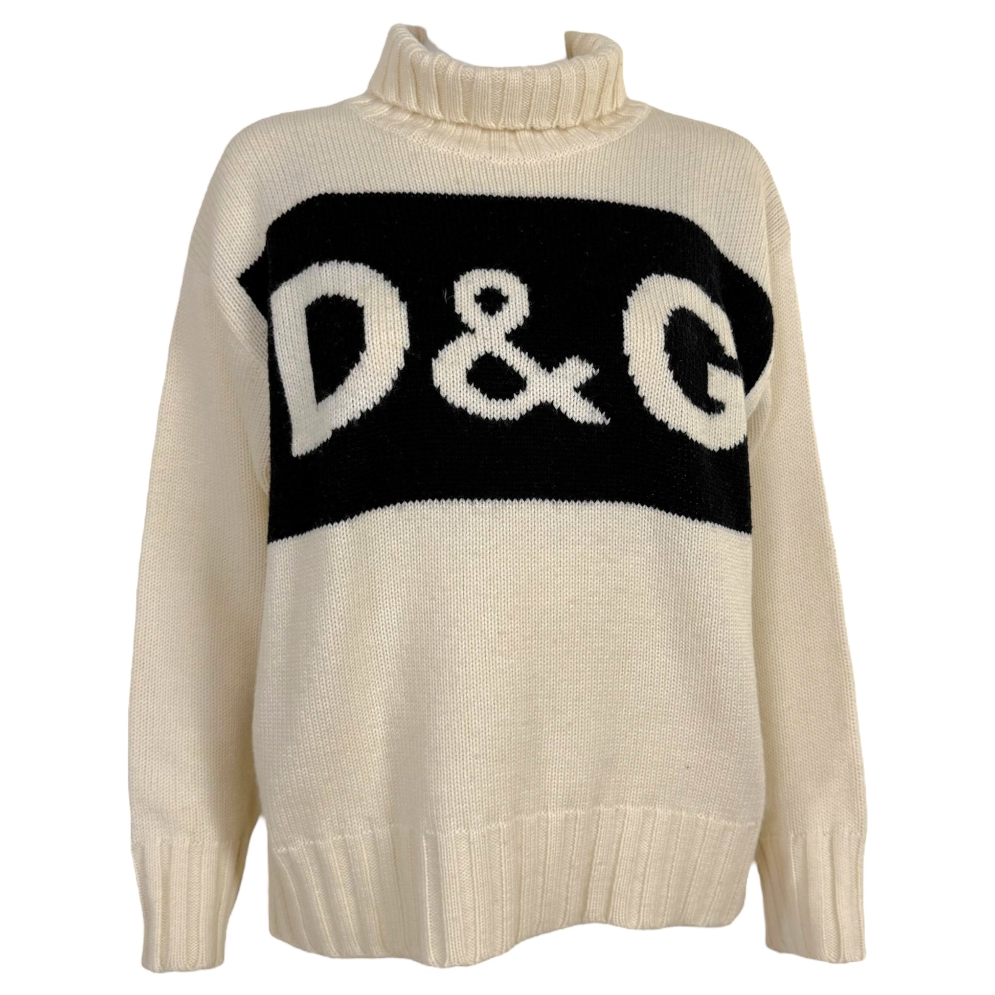 D&G Dolce & Gabbana 90's Black & White Wool Knit Logo Turtleneck Sweater - Outfit Repeater