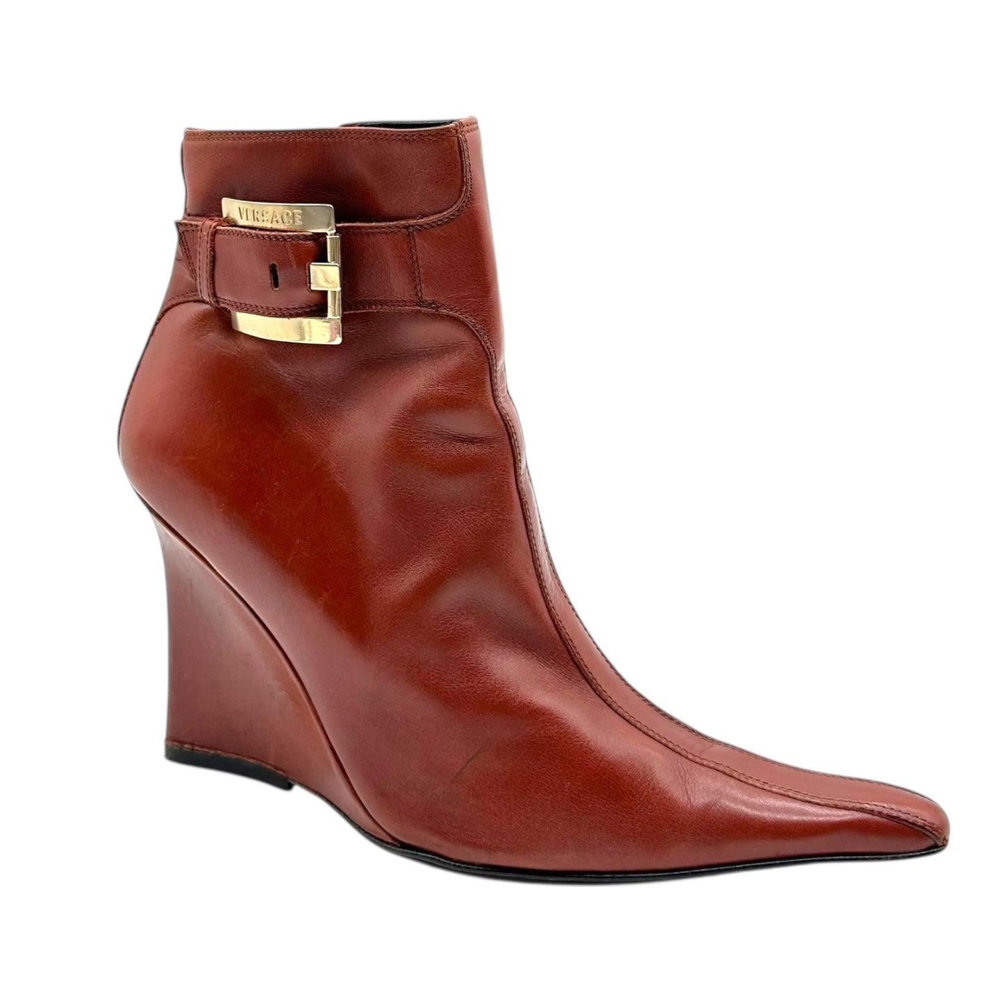 Versace Brown Leather Wedge Heel Booties