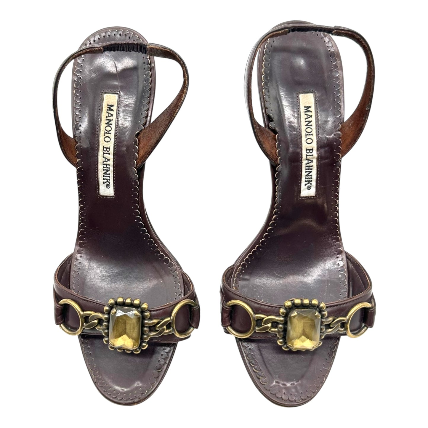 Manolo Blahnik Brown Stone & Chain Embellished Heels