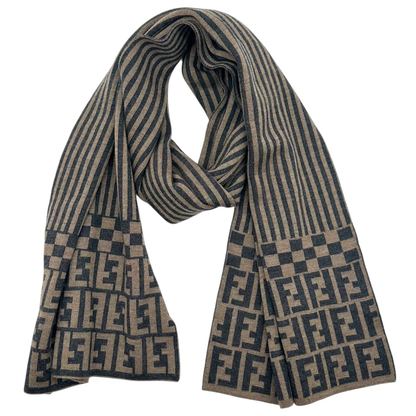 Fendi Gray & Tan Zucca Logo Striped Wool Scarf