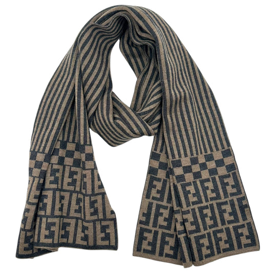 Fendi Gray & Tan Zucca Logo Striped Wool Scarf