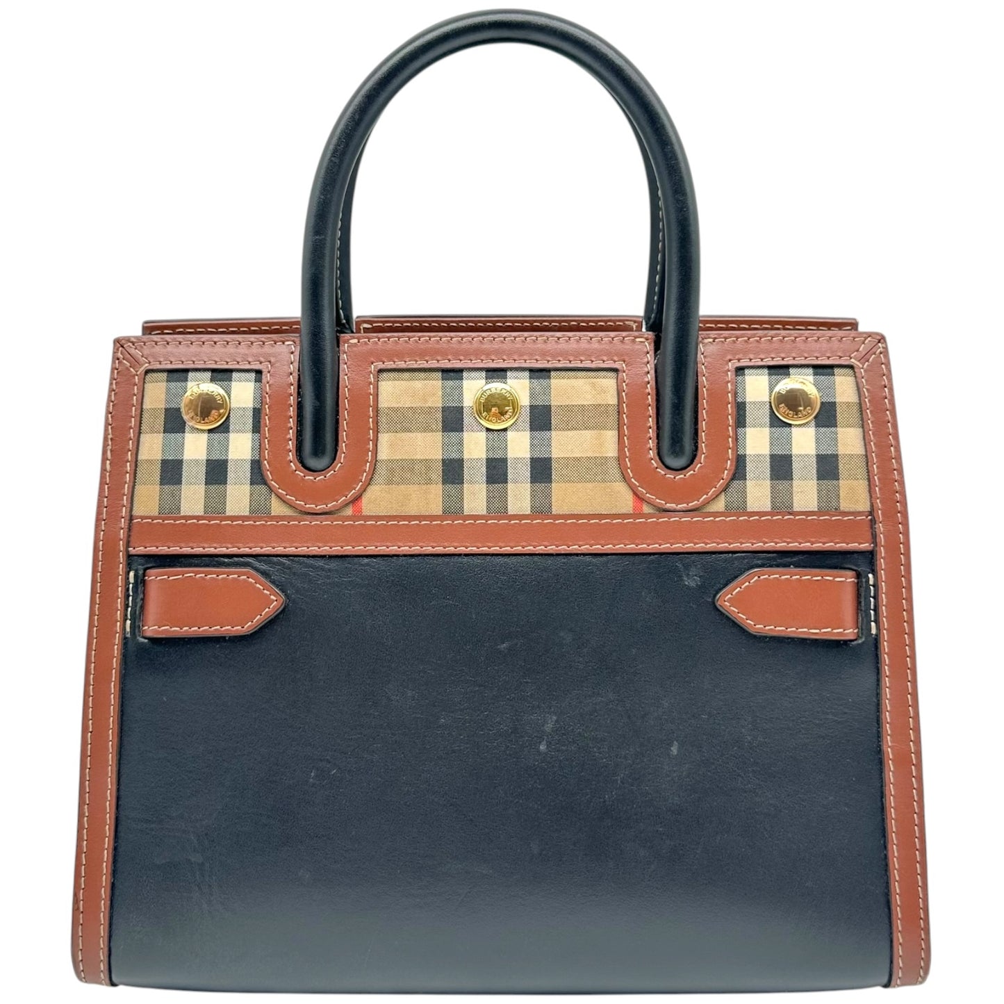 Burberry Mini Tote Bag Black Leather Nova Check Plaid