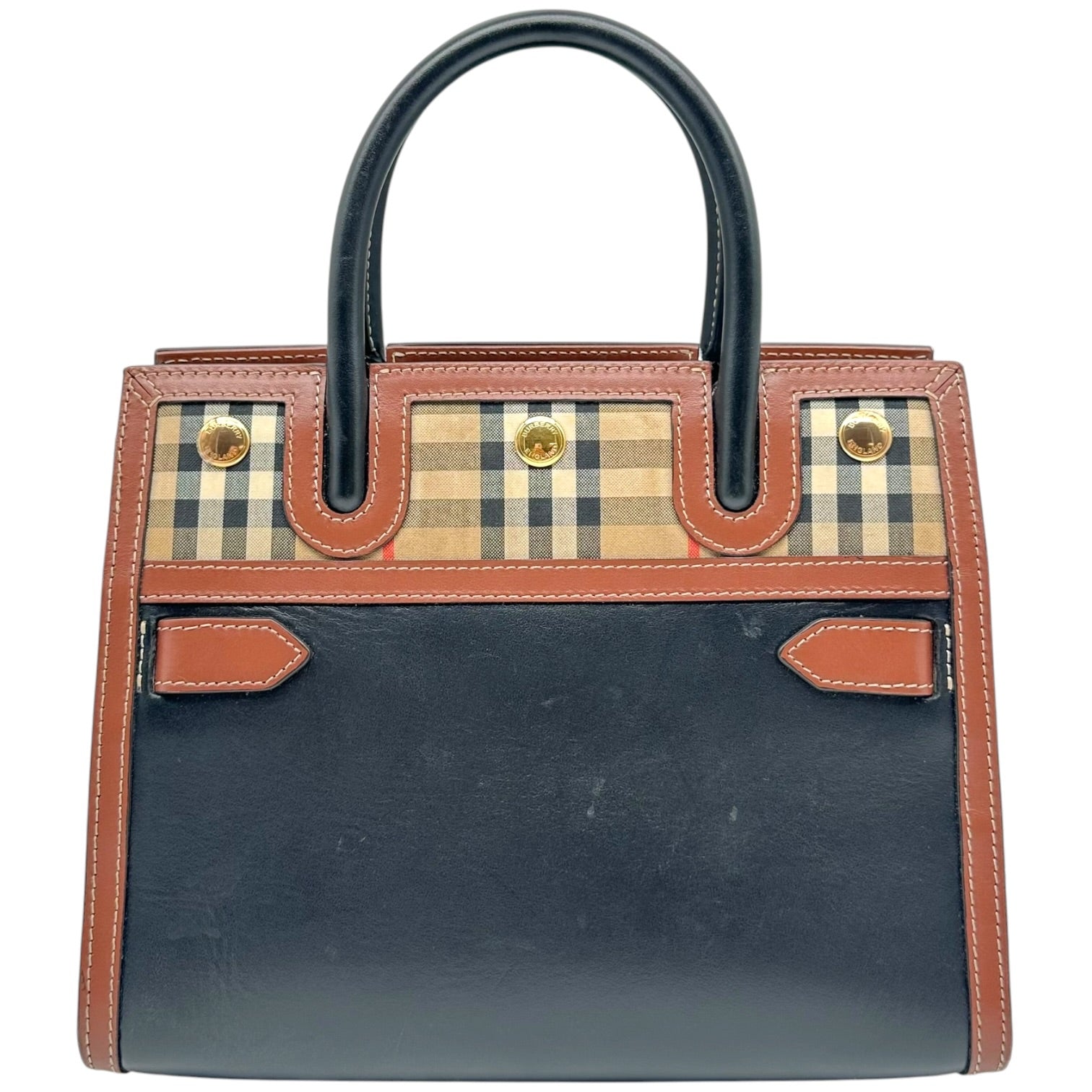 Burberry Mini Tote Bag Black Leather Nova Check Plaid