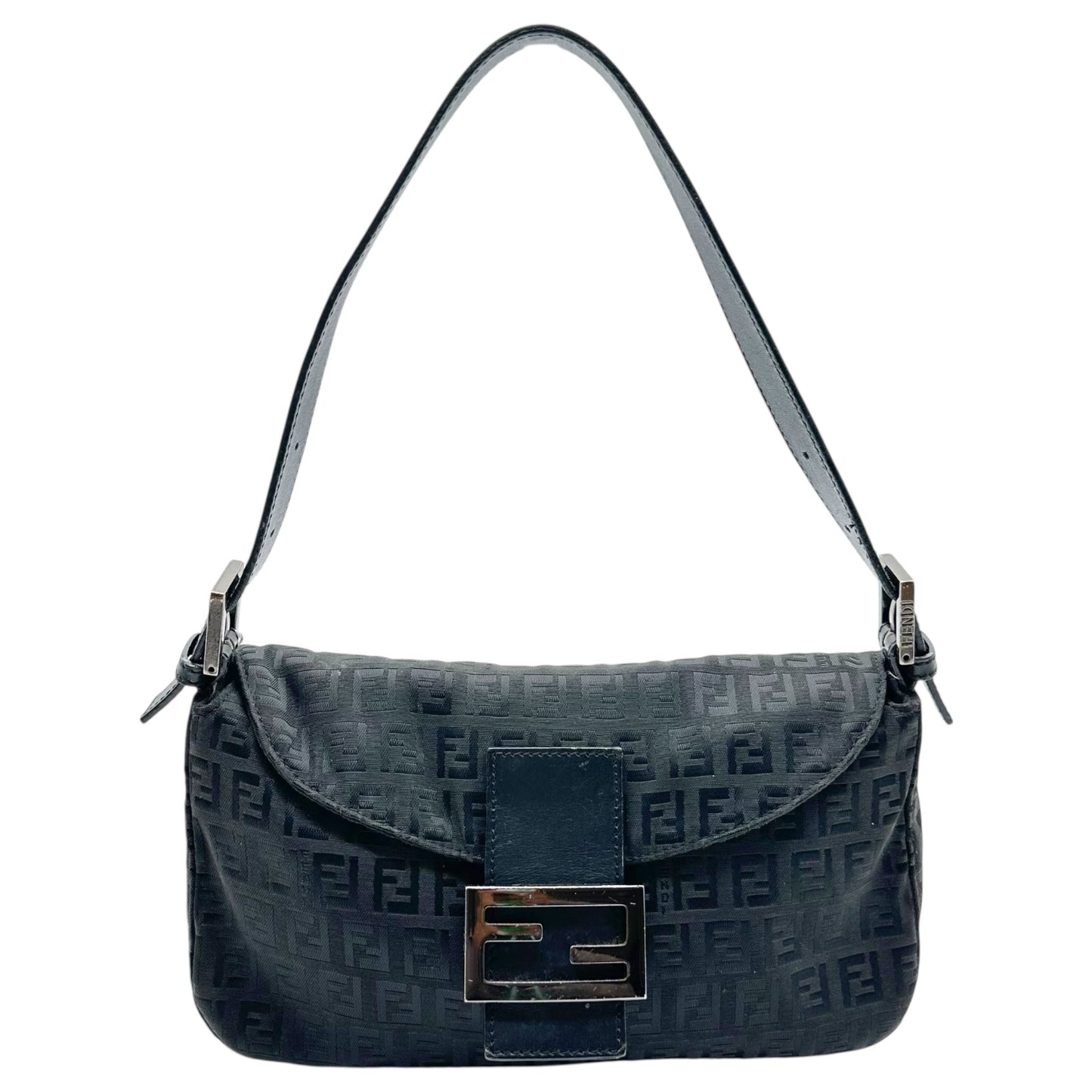 Fendi Black Zucchino Monogram Fold-Over Baguette Bag