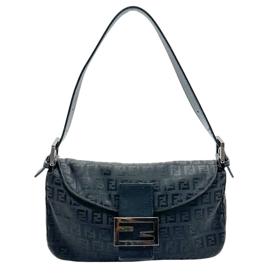 Fendi Black Zucchino Monogram Fold-Over Baguette Bag