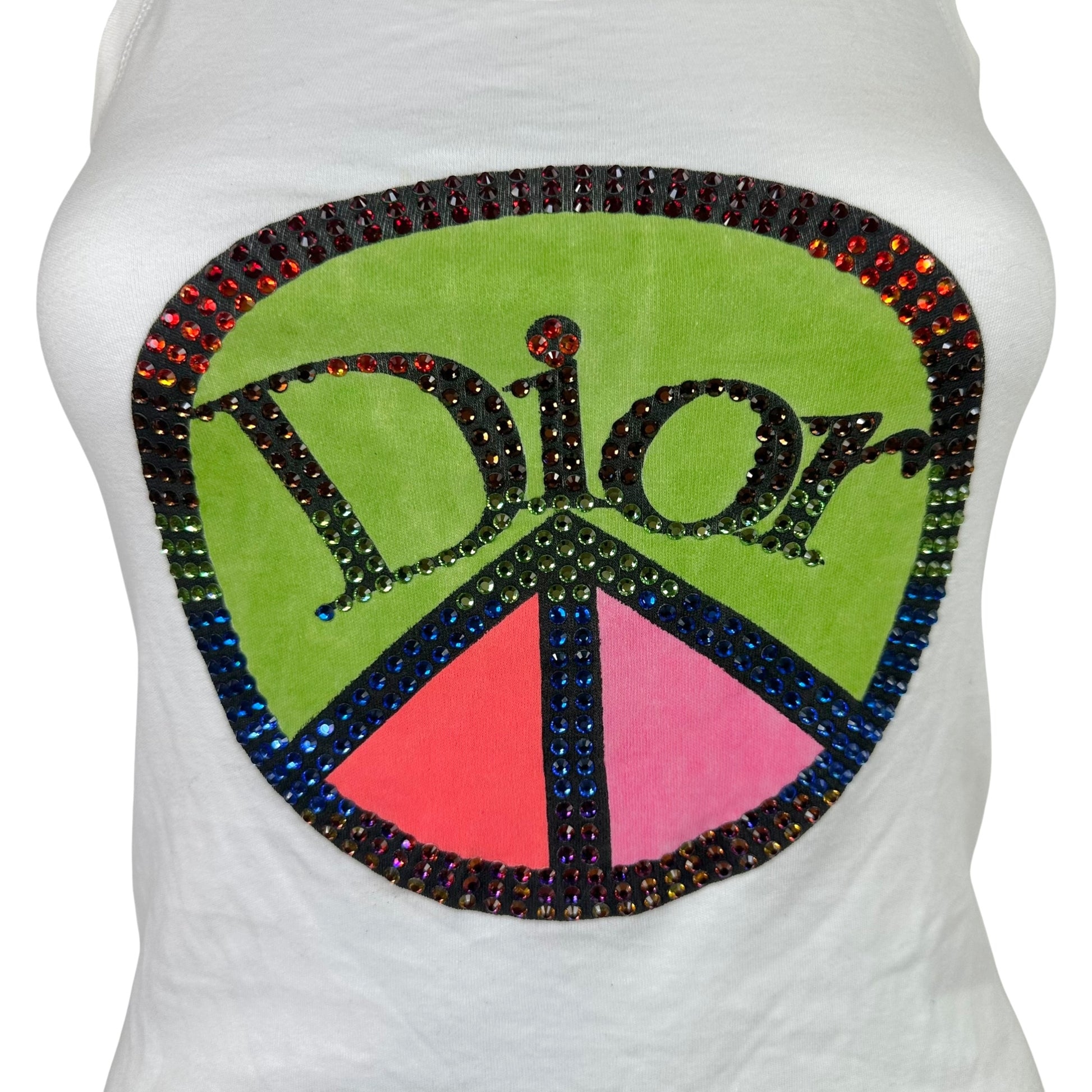Christian Dior White Multicolor Rhinestone Peace Sign Tank