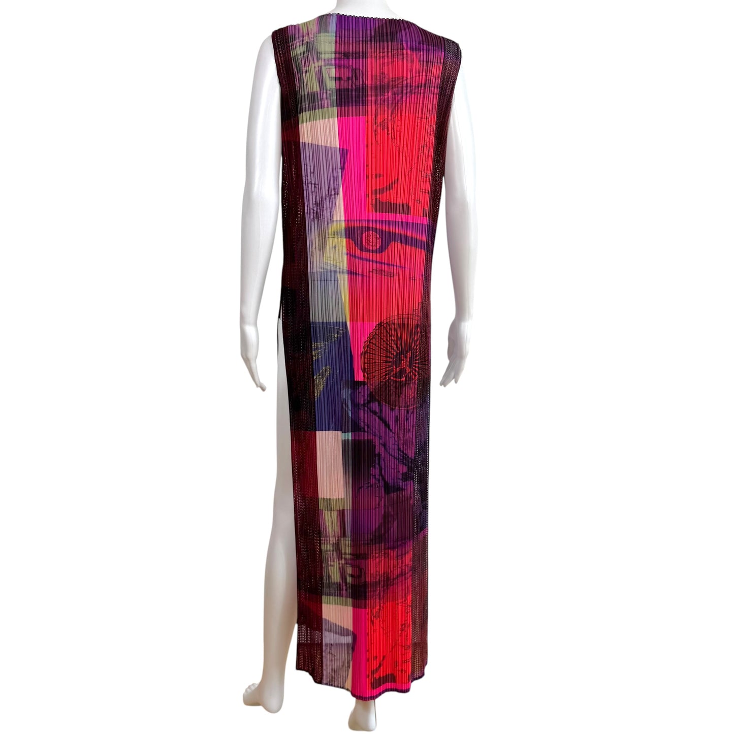 Issey Miyake Pleats Please Neon Multicolor Abstract Print Pleated Mesh Side-Slit Maxi Tunic Top Sz 5
