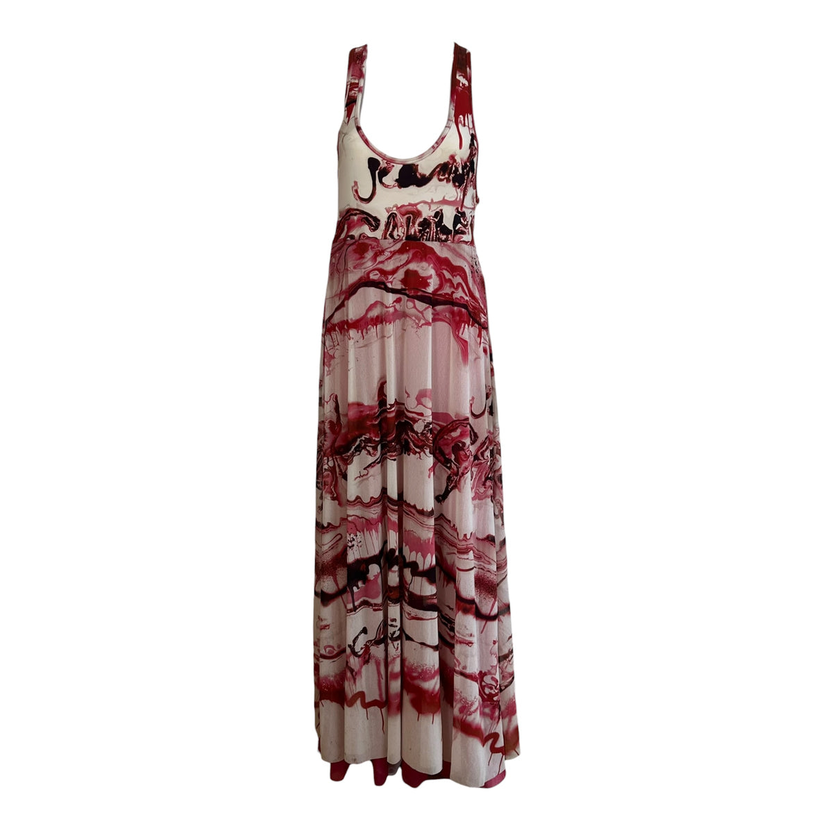 Jean Paul Gaultier Soleil Red & White Swirl Patterned Mesh Maxi Dress